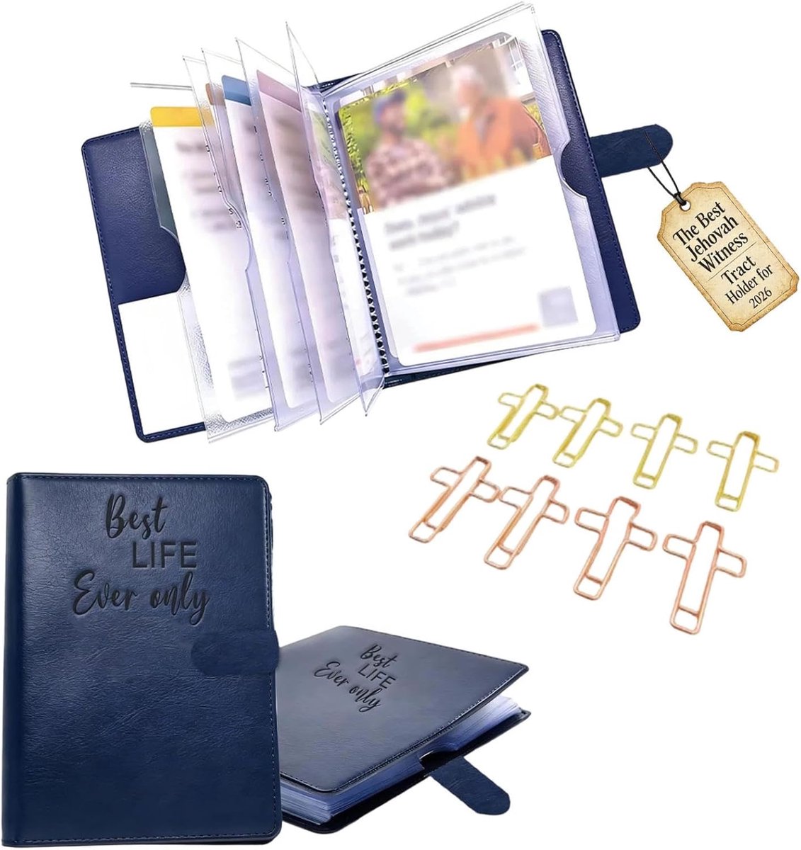 carmdering - Tractatenhouder - Jehovah's Getuigen Houder - Foldermap - 10 doorzichtige vakken, kunstlederen omslag - Past traktaten, uitnodigingen en kaarten - 4 kleuren, ideaal voor pioniers - Betekenisvol cadeau voor velddienst - Blauw