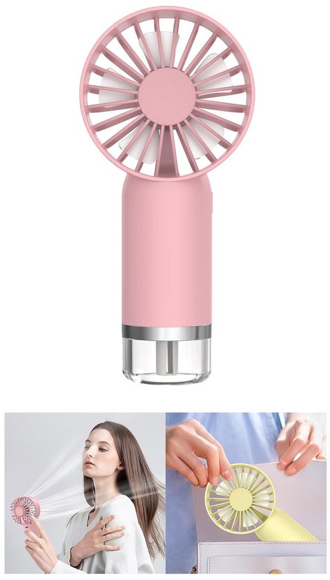 Draagbare mistventilator met spray, USB oplaadbaar, stille kleine handventilator, verstelbare snelheid, roze