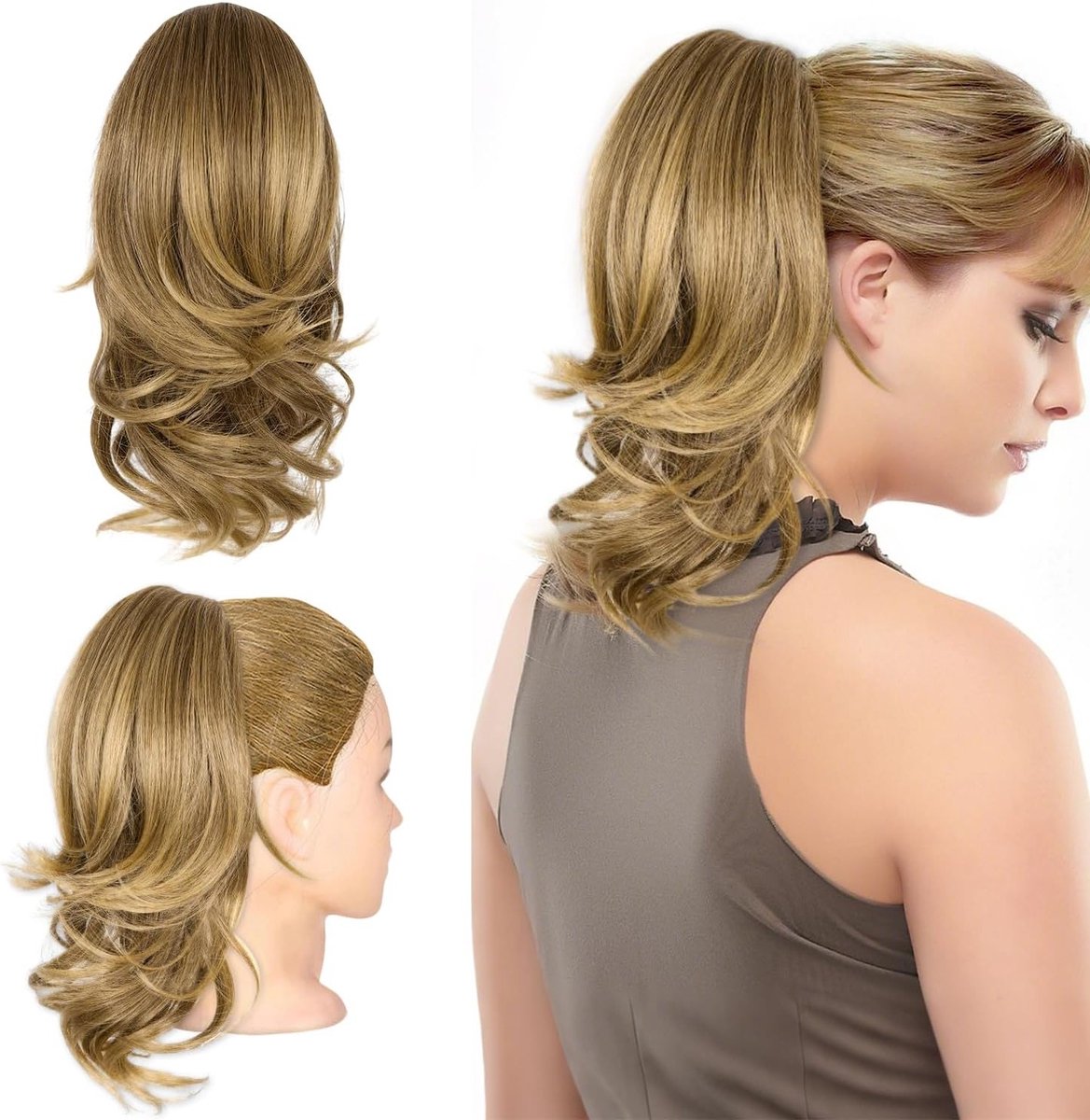 Korte Krullende Ponytail Extension van 14" met Klem, Natuurlijke en Zachte Haarstuk voor Vrouwen in Donkerblond met Beige Highlights