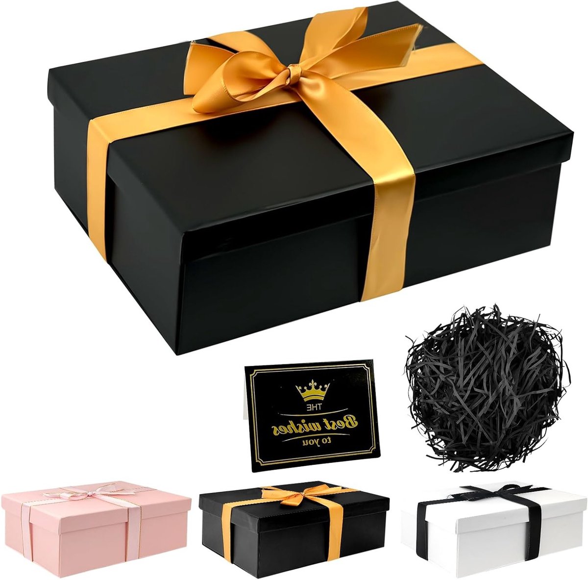 Cadeaubox met Deksel 25 x 18 x 8,5 cm - Zwarte Cadeauverpakking voor Verjaardagen, Moederdag en Feestdagen met Strik en Raffia