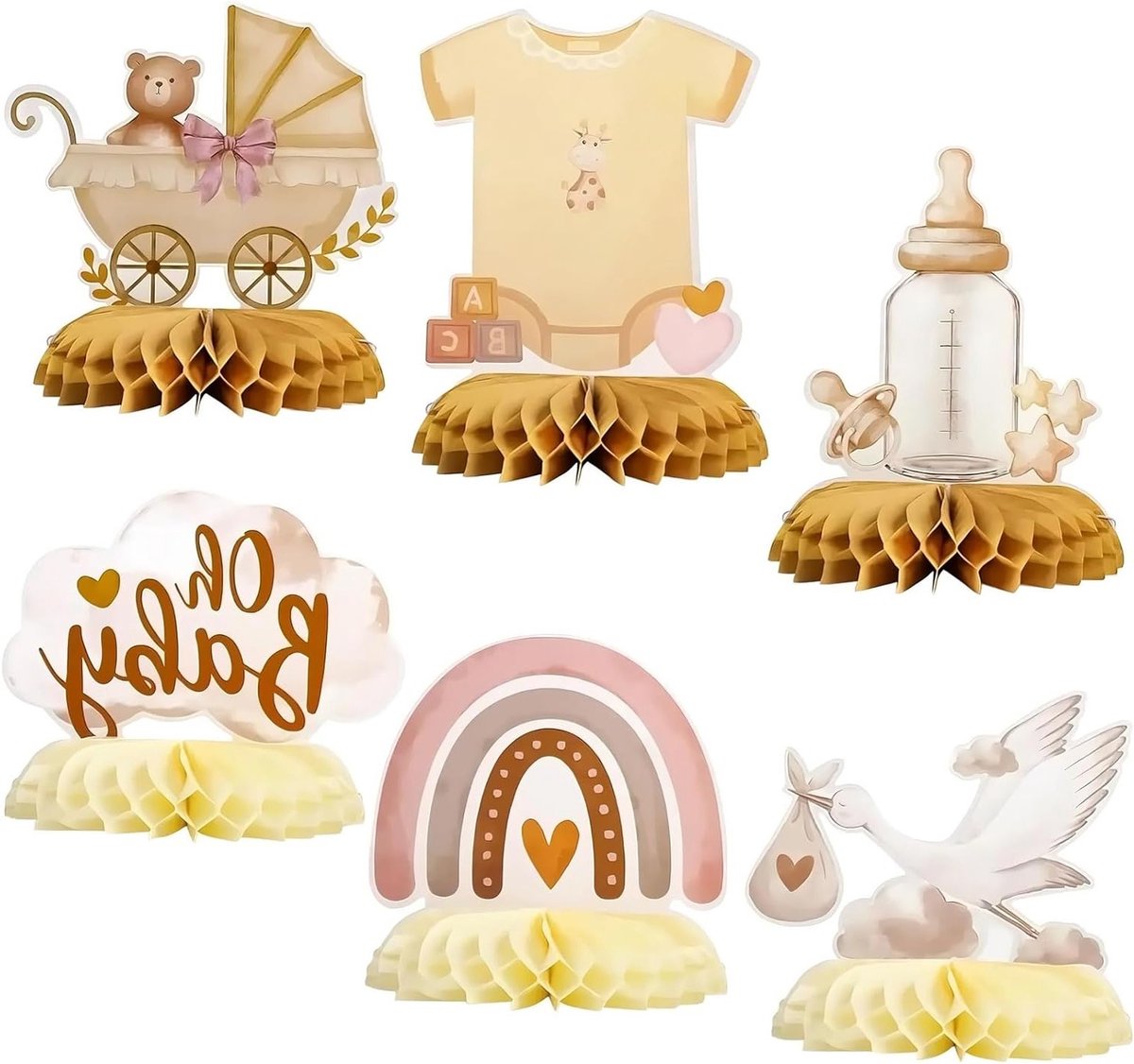 Schattige baby shower tafelversiering, 6-delige set met ooievaar, geboorte motief en honingraat centerpiece voor een feestelijke babyborrel.
