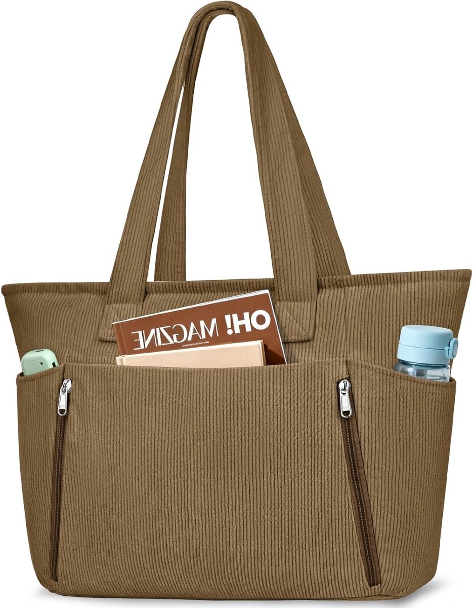 Stijlvolle corduroy schoudertassen voor dames, ruime handtas voor school, werk en reizen met rits