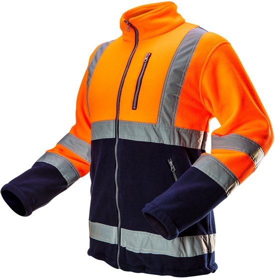 Oranje en donkerblauwe fleece jas met reflecterende strepen.