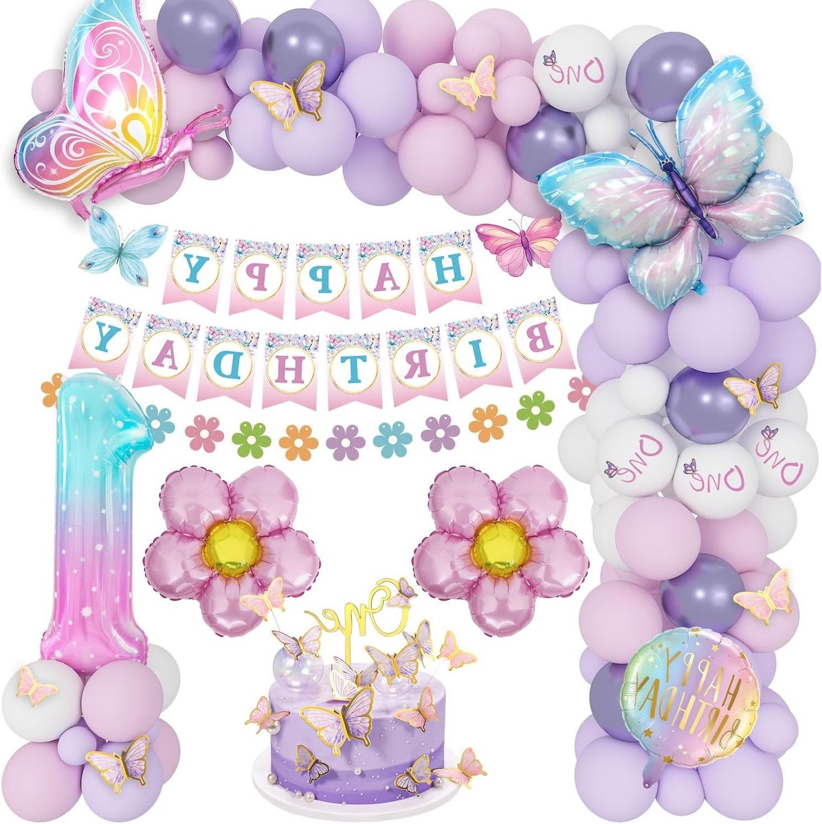 Feestelijke Versiering voor 1e Verjaardag Meisjes - Roze en Paarse Vlinder Folie Ballonnen, Verjaardagsbanner en Nummer 1 Stickers