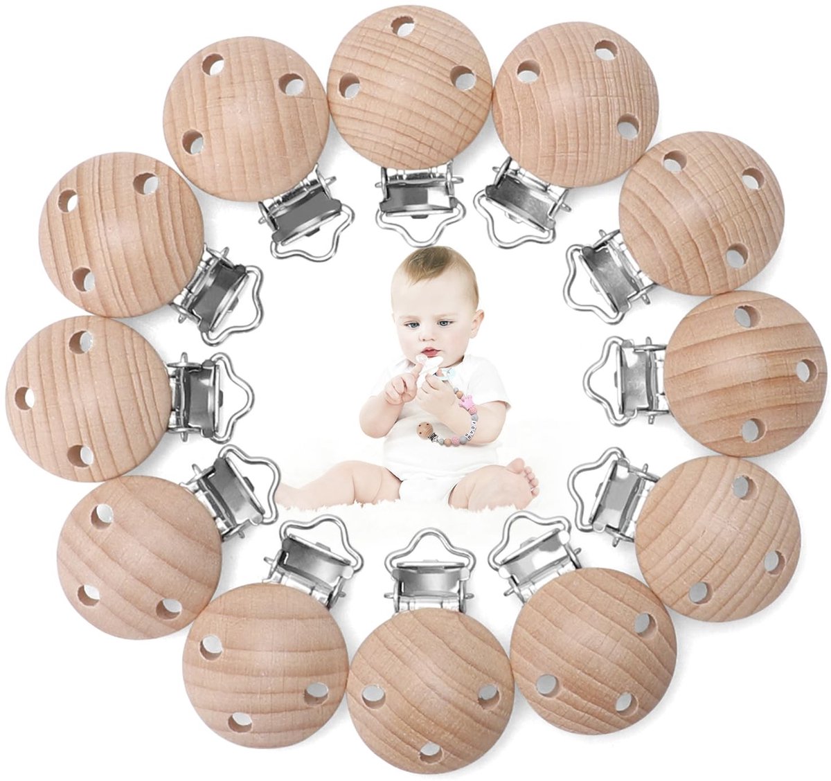 Vt products - Dummy Clips - Houten Fopspeen Klemmen - Veilig en Milieuvriendelijk - 12 Stuks - DIY Fopspeenketting - Geschikt voor Baby's - Natuurlijk