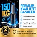 Grafische weergave van een gasveer met tekst '150kg draagvermogen' en 2 jaar garantie.