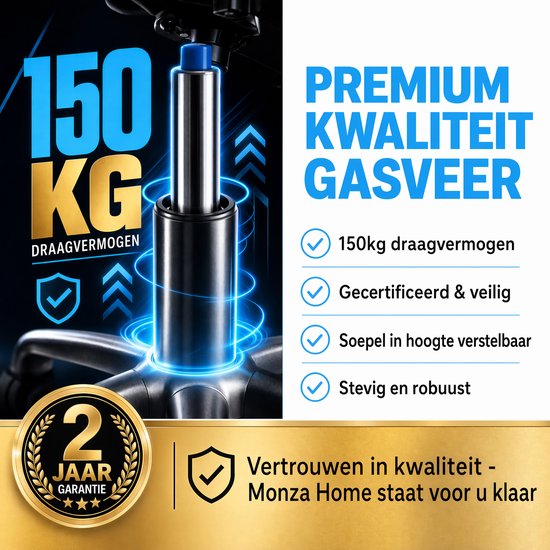 Grafische weergave van een gasveer met tekst '150kg draagvermogen' en 2 jaar garantie.