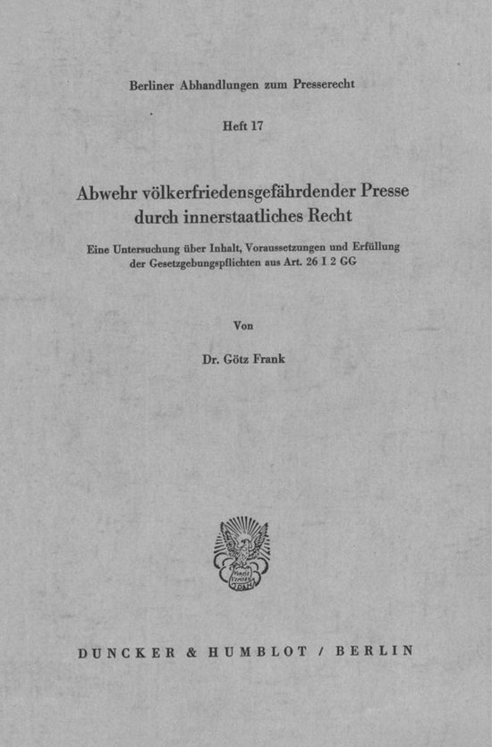 Abwehr Völkerfriedensgefährdender Presse Durch Innerstaatl ... - cover