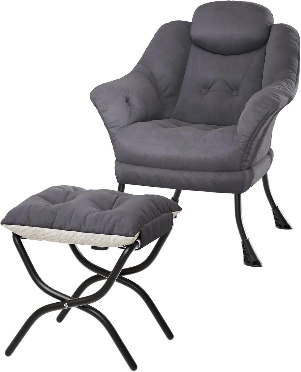 Moderne Fauteuil met Hocker - Pluche Imitatiebont - Grijs - Compacte Relaxstoel met Zijvak - Inclusief Voetsteun - Voor Woonkamer & Slaapkamer