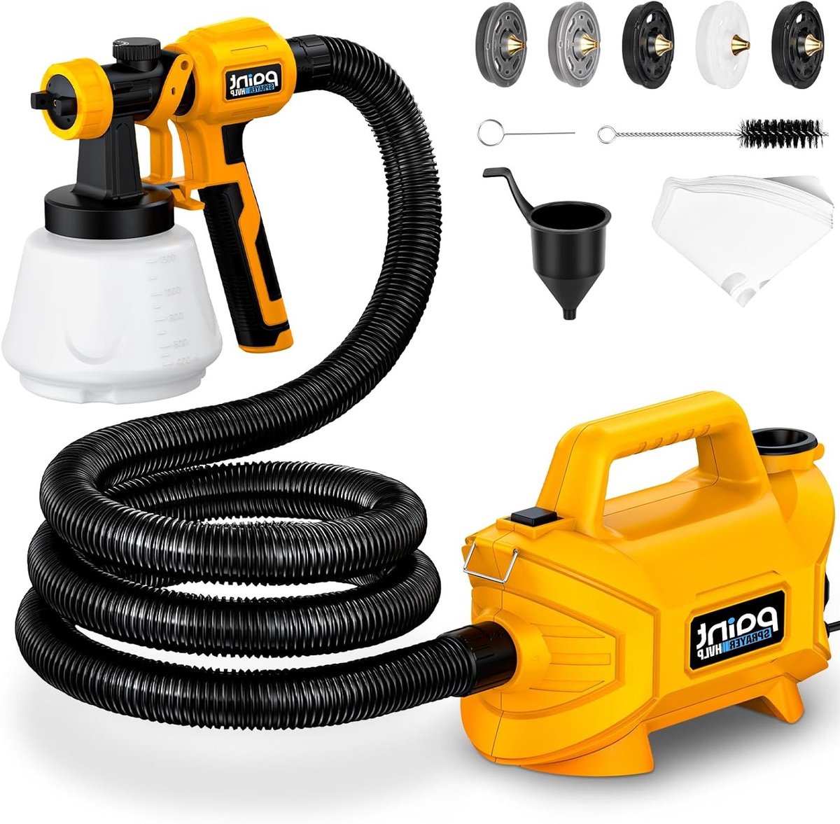 Elektrisch verfspuitsysteem met 1300 ml reservoir, 4 spuitmonden en 3 spuitmodi voor een perfecte afwerking en gebruiksgemak