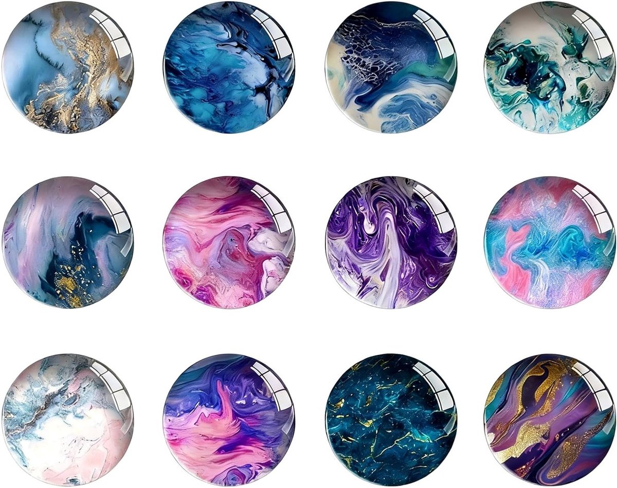 Decoratieve koelkastmagneten, 12 stuks, glazen cabochons met marmerdesign voor notitiebord en whiteboard, ideaal voor het organiseren van notities en foto's