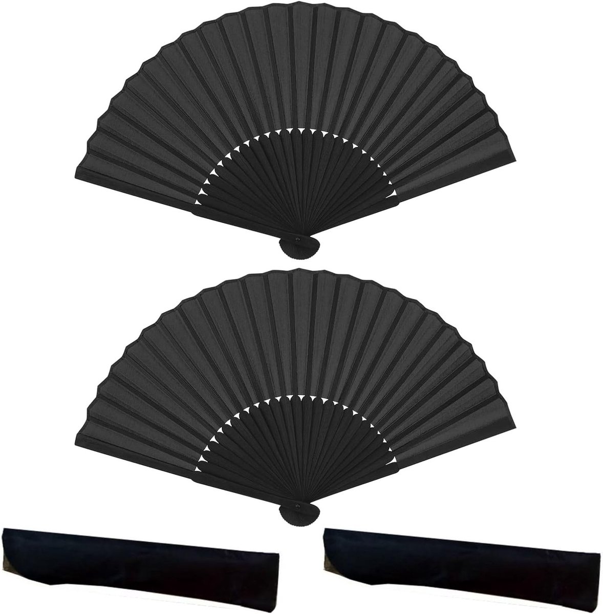 Set van 2 Zwarte Zijde Vouwfans voor Bruiloften, Dansoptredens en Thuisdecoratie met Opbergtas