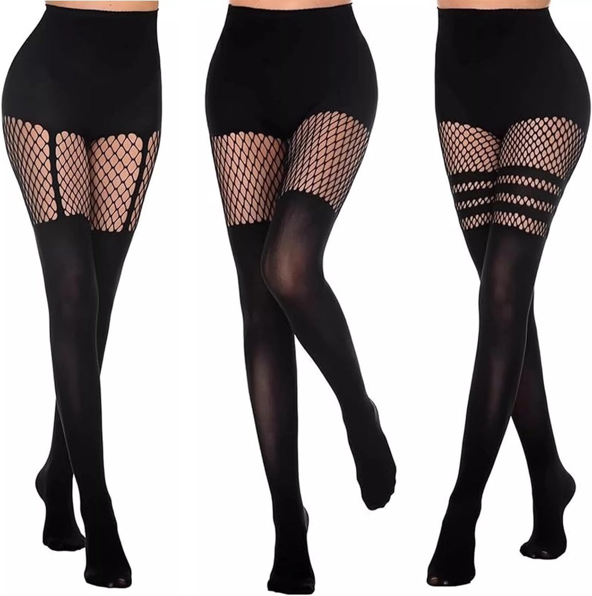Set van 3 Dames Halter Kousen, Visnet Kousen, Hoge Taille Net Kousen met Garter Belt voor Feestjes en Verleidelijke Outfits (Zwart)
