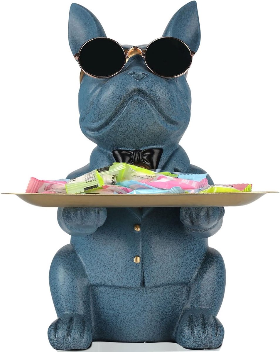 Blauwe Bulldog Beeld van Hars als Spaarpot en Sleutelhanger - Decoratieve Tray voor Sieraden en Snoep - Modern Kunstwerk voor Thuis en Kantoor Decoratie