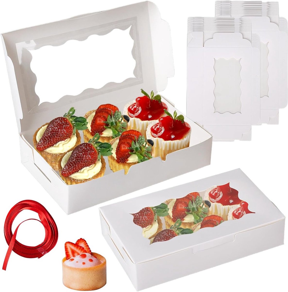 Set van 20 witte kraft papieren dozen met doorzichtig venster voor gebak, koekjes en cupcakes - inclusief rode linten, 17.8 x 11 x 3.8 cm, perfect voor cadeaus en traktaties