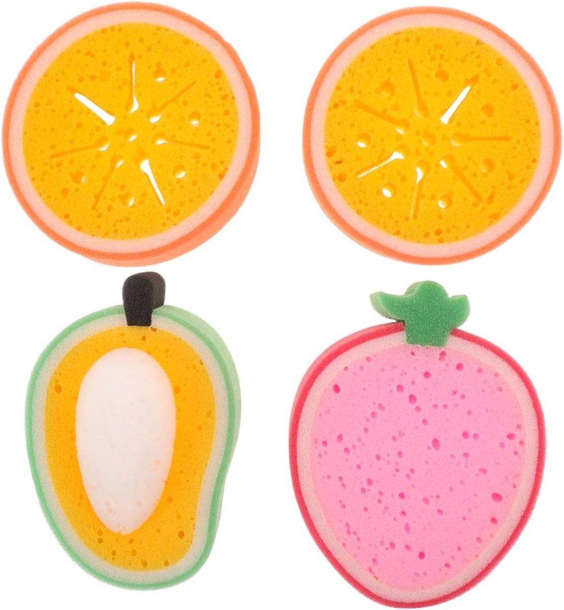4-delige dikke cartoon-fruitreinigingssponzen, multifunctionele duurzame spoelsponzen voor servies en huishouden, effectieve vetverwijdering en gebruiksgemak
