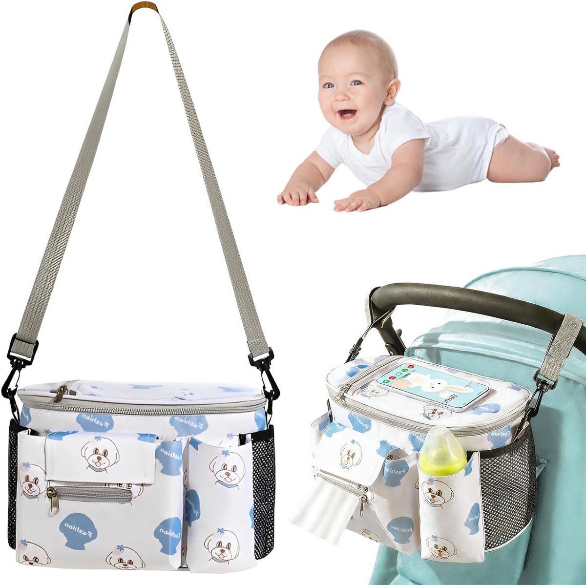 Handige opbergtas voor kinderwagens met hondenmotief, ritssluiting en transparante telefoonhouder, ideaal voor ouders onderweg