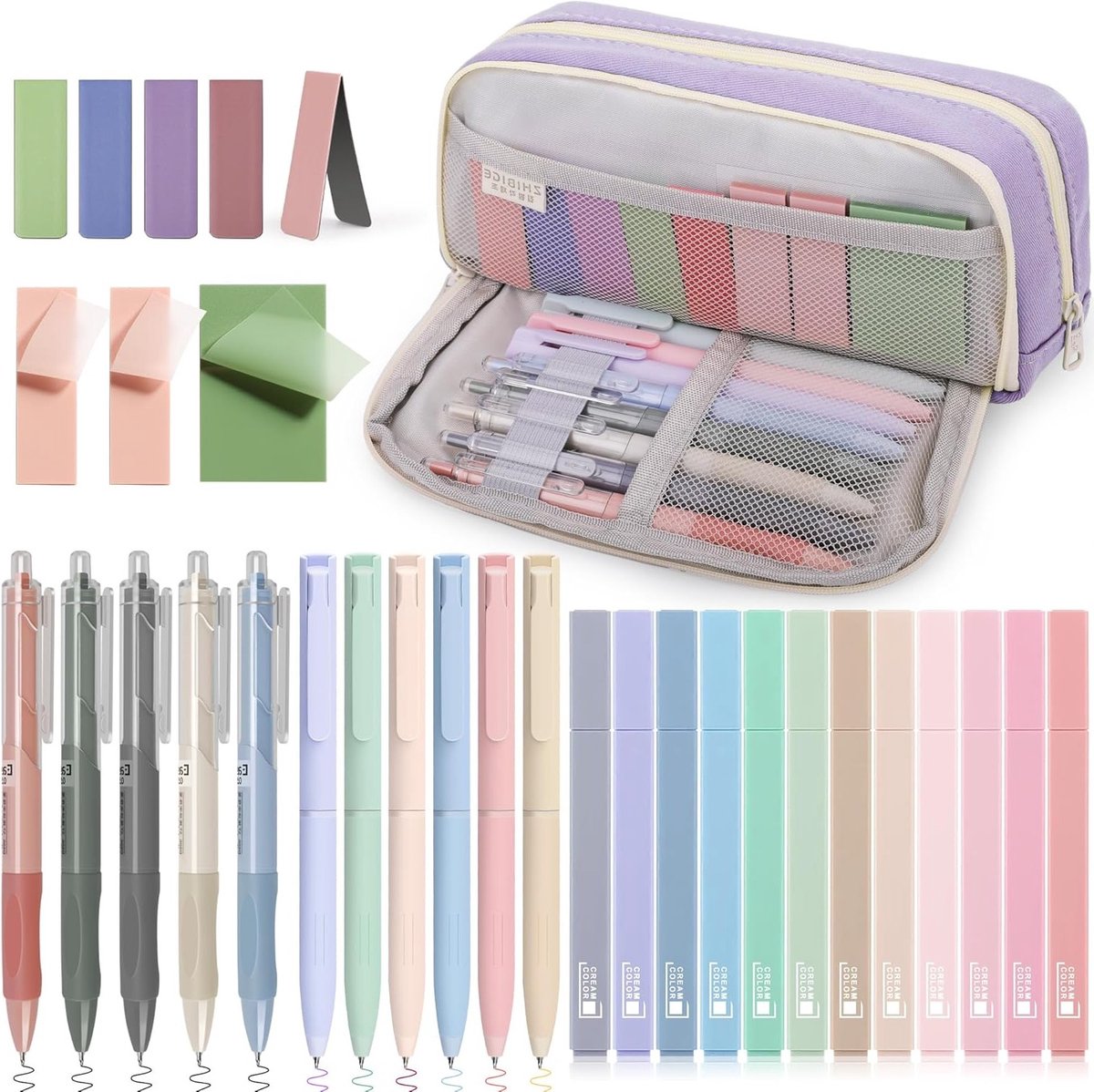 32-delige schoolbenodigdheden set met paarse mappen, pastel markeerstiften, gelpennen en kleurpotloden voor een stijlvolle schoolervaring