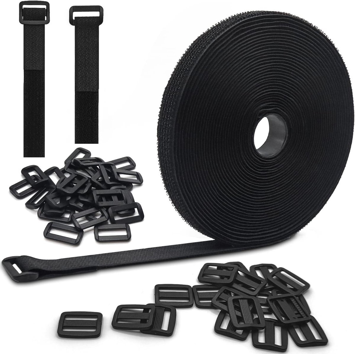 15 meter tape met 50 gespen, vrij te knippen lengte, 2 cm breed, herbruikbare kabelbinders voor thuis, kantoor en tuin, ideaal voor kabelbeheer en organisatie