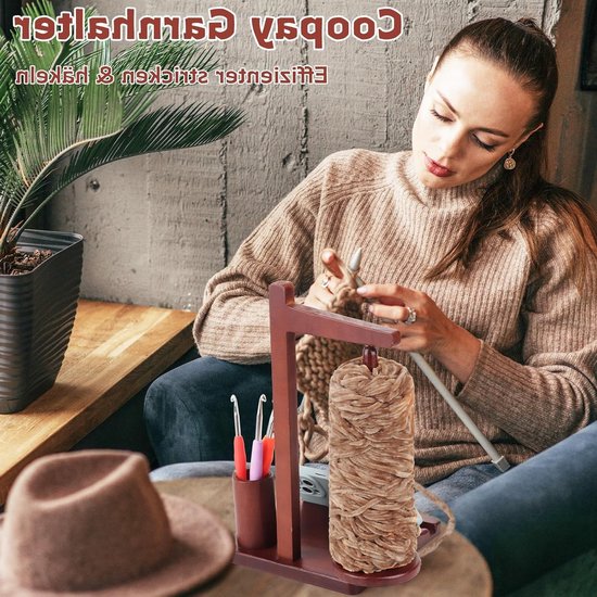 Multifunctionele Houten Wolhouder met Magnetische Functie, Draaibare Wol Reel en Telefoonstandaard voor Haakjes en Breiwerk — afbeelding 4