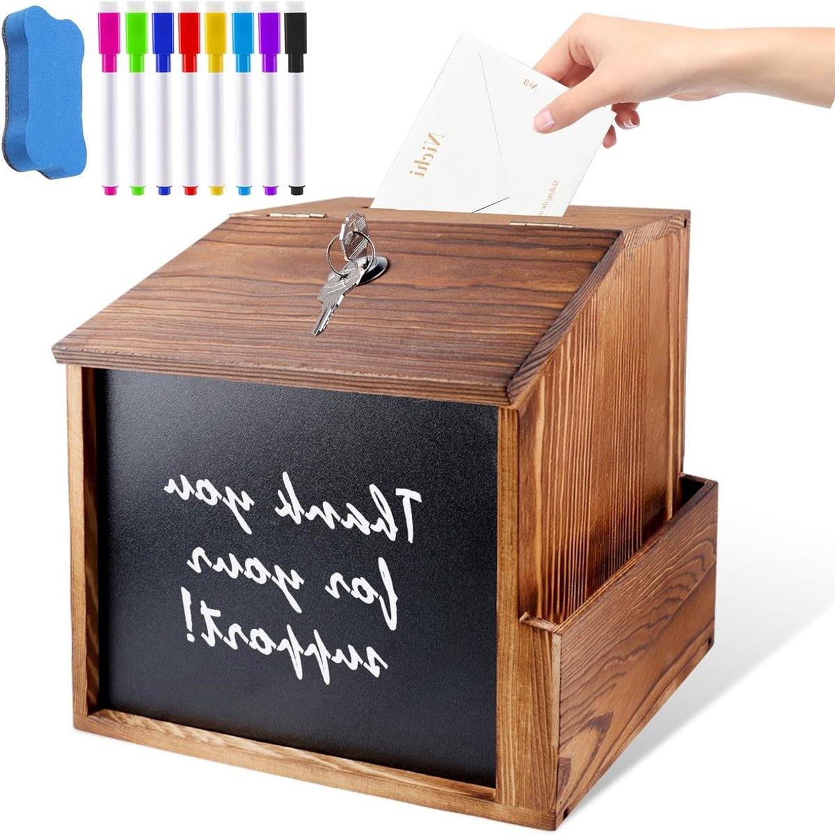 Slotbare suggestiebox met 8-kleurige stift en niet-magnetische gum voor school, kantoor en evenementen (21 x 20 x 16,5 cm)