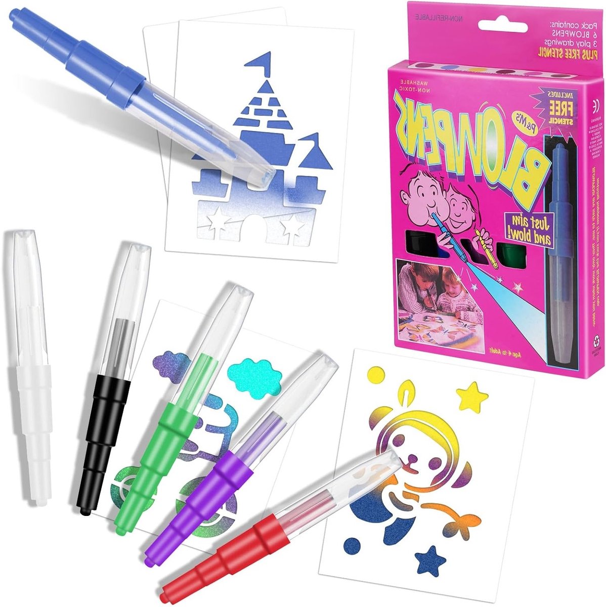Set van 6 Airbrush Markers en Viltstiften voor Graffiti Kunst, Inclusief Herbruikbare Sjablonen en Wasbare Verf Penselen