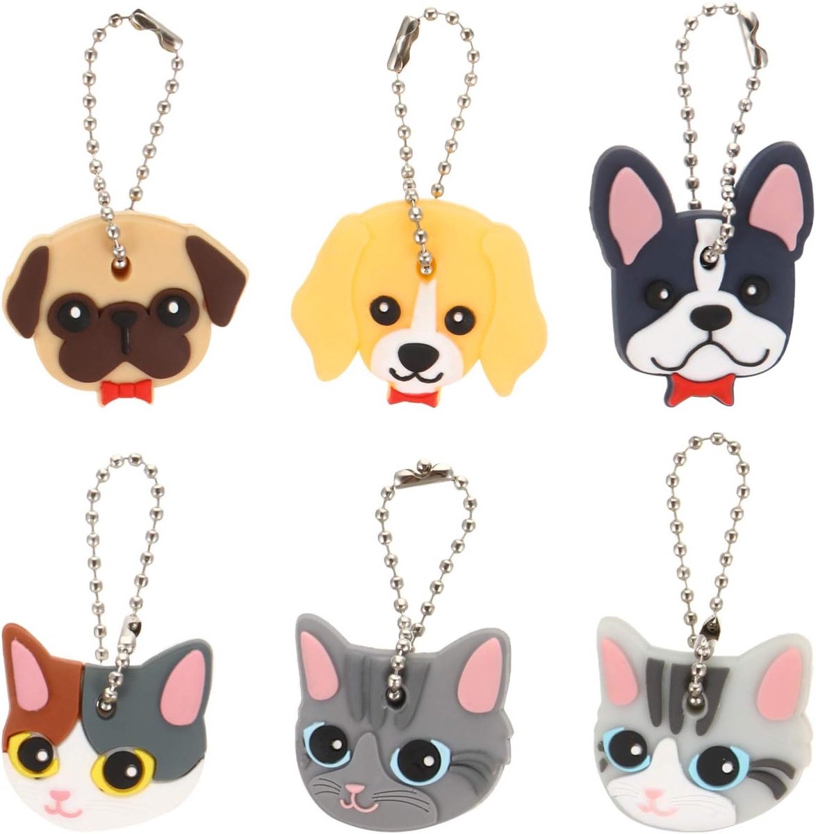 Set van 6 Schattige Dieren Sleutelhangers - Beschermende Sleutelkappen met Identifiers voor Vrouwen - Zachte Sleutelhoesjes met Labels en Ketting voor Auto- en Huissleutels