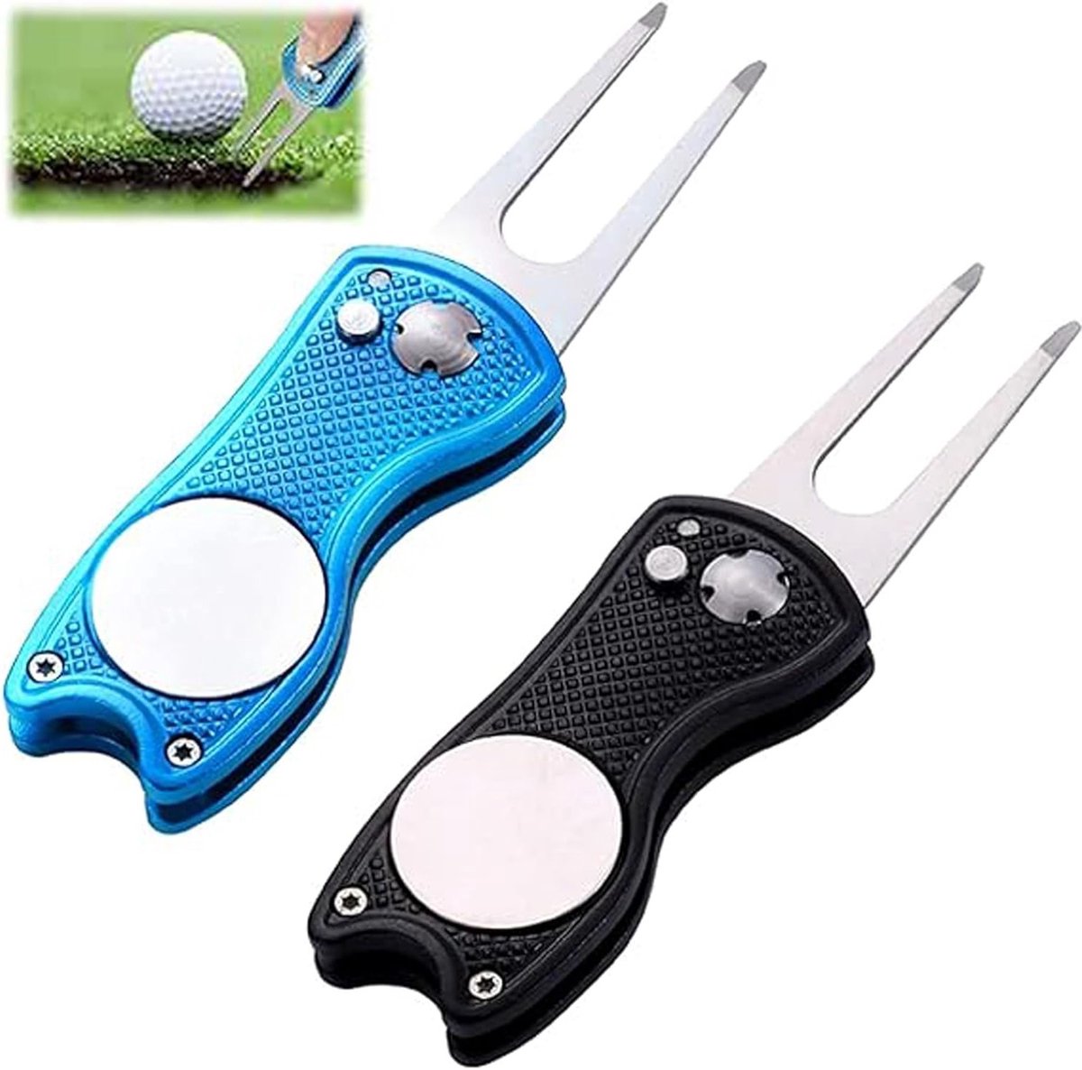Set van 2 Opvouwbare Golf Green Repair Pitch Forks met Pop-Up Knop en Magnetische Marker voor Golfspelers en Buitenactiviteiten