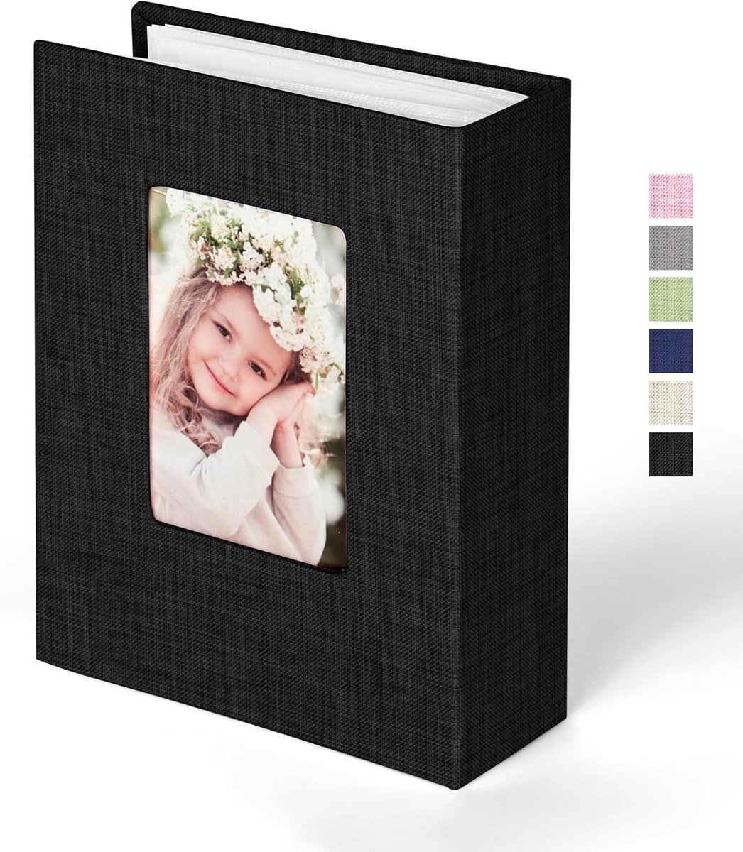 Klein Fotoalbum voor 100 Foto's met Linnen Binding en Raam voor Familie, Baby, Bruiloft en Reizen - 10 x 15 cm Mini Fotoalbum in Zwart