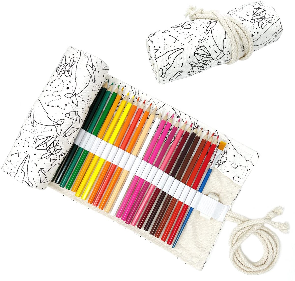 carmdering - Potloodrol - Opvouwbare Potloodhouder - Potloodetui - 36 gaten, witte sterrenprint, canvas + katoen - Elastische lussen, stevig en duurzaam - Perfect voor kunstenaars en studenten - Ideaal cadeau