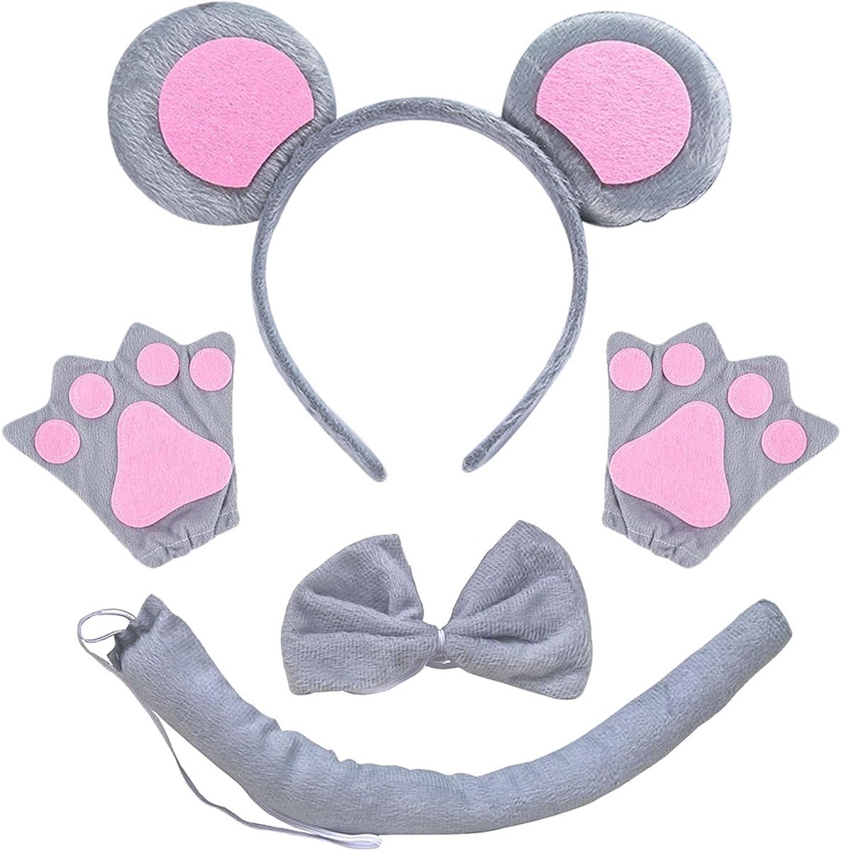 4-delige Dieren Kostuum Set voor Kinderen met Muizenoortjes, Staart, Strik en Handschoenen - Perfect voor Verjaardagsfeestjes, Carnavals, Cosplay en Kerstfeesten