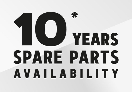 Tekst "10 YEARS SPARE PARTS AVAILABILITY" op grijze achtergrond.
