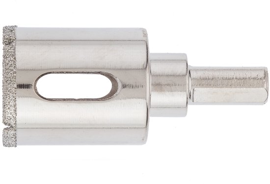Zilverkleurige diamant boor met zeskant schacht en een ovaal spaangat.