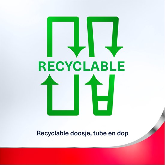 Groen recycle-icoon met pijlen en tekst: Recyclable. Recyclable doosje, tube en dop.