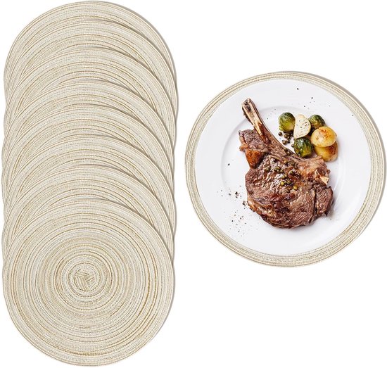 Sets de table 8 pièces - ronds - 38 cm - tissés - dessous de verre - assiettes, lavables, ronds, beiges, set de table rond, set de table à manger, décoration de table, dessous de verre pour salle à manger, cuisine, mariage, fête