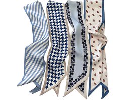 Set van 4 Kleine Satijnen Sjaaltjes met Prints (Blauwe Streep, Pied-de-poule, Zwart-Wit Patroon & Aardbei), Imitatiezijde als Handvatdecoratie, Nek- of Haarsjaal voor Dames