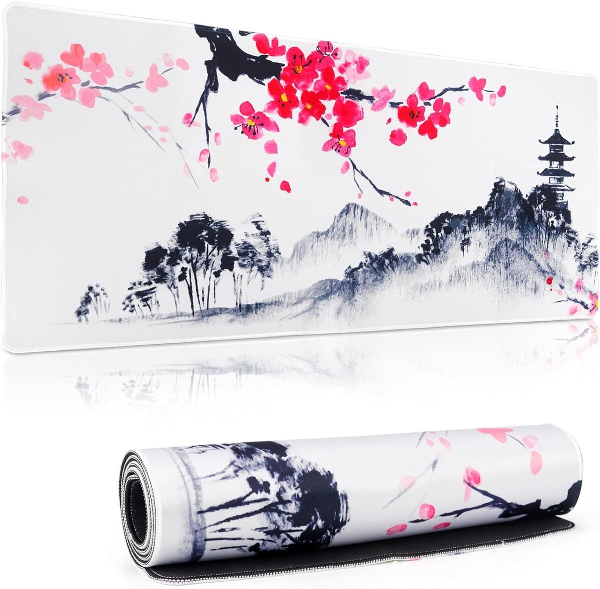 Grote Gaming Muismat XXL 900 x 400mm - Witte Japanse Sakura Motief Desk Pad voor PC, Laptop en Gaming Setup