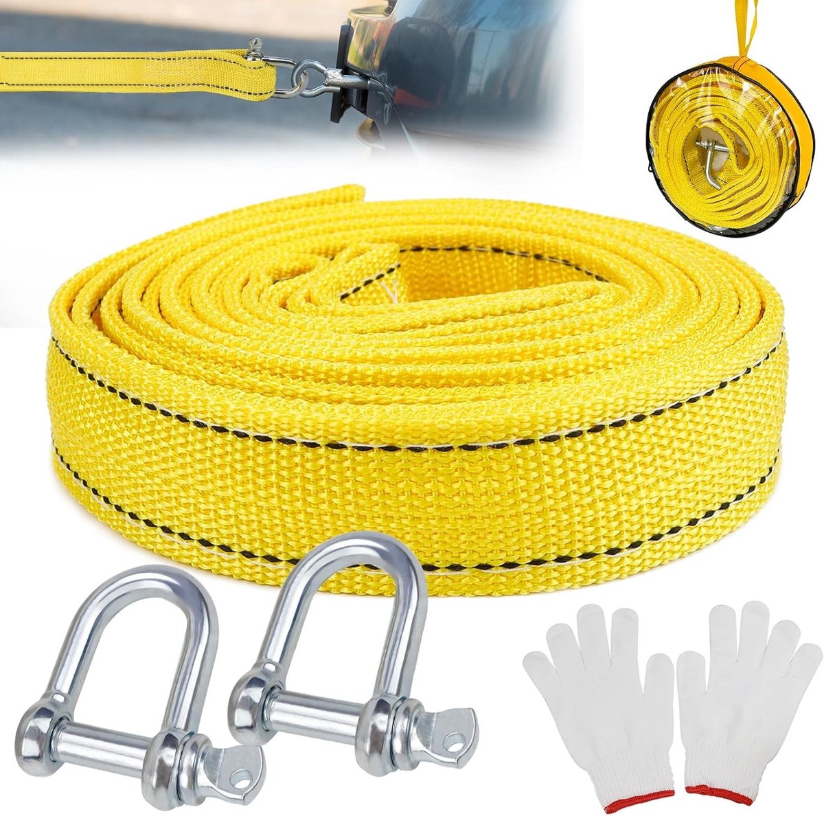 Trekhaak Touw 4 m 5 Ton Met 2 Versterkte Haken en 2 Handschoenen voor Pechhulp en Slepen