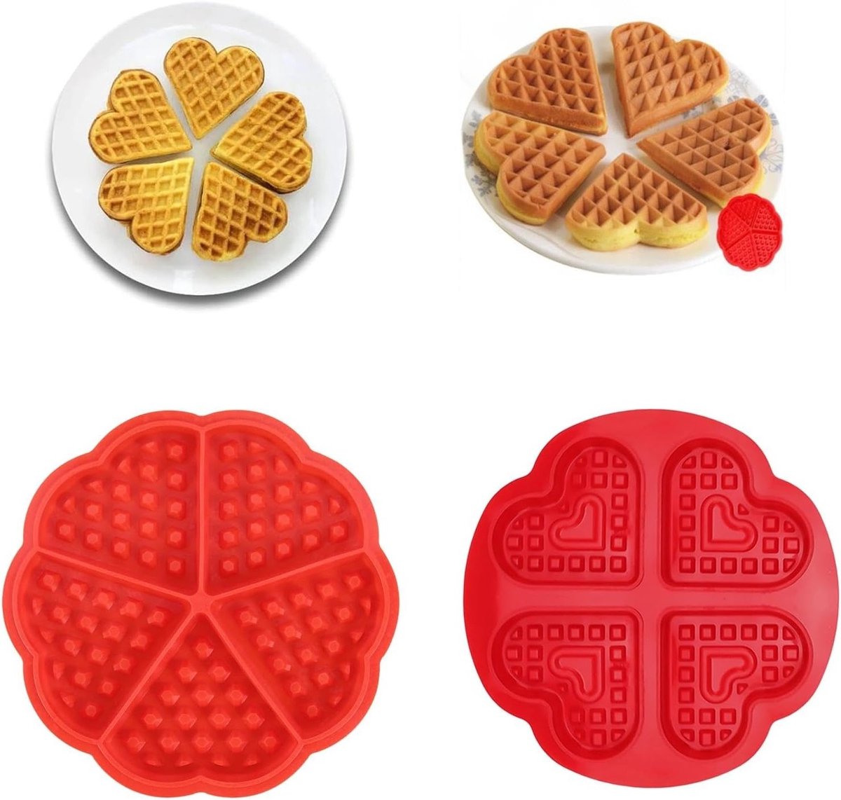 Siliconen Wafelvormen Set voor Airfryer - Hartvormig - 4 en 5 Putjes - Rood - Bakvormen voor Wafels, Muffins en Cake - Creatief Bakken