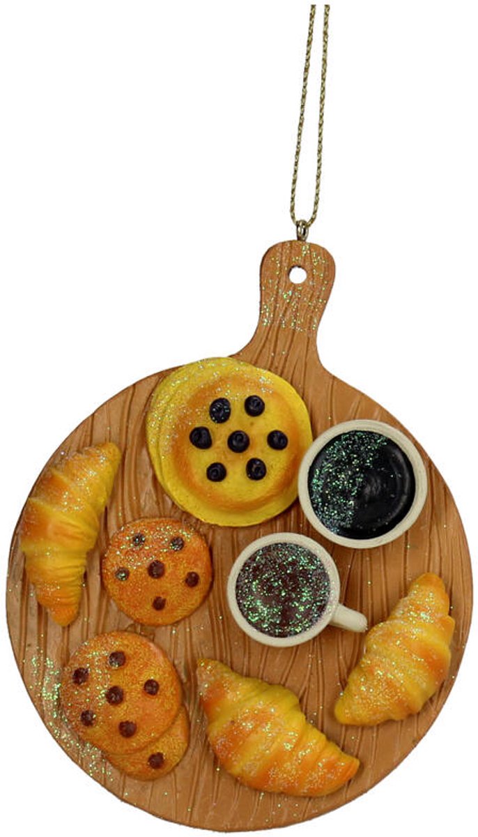 HD Collection Kerst Ornament Ontbijtbord – Polyresin Decoratie Bruin 10,2 cm – Realistisch Ontbijt Bord Ornament – Trendy Barista Café Kerstdecoratie