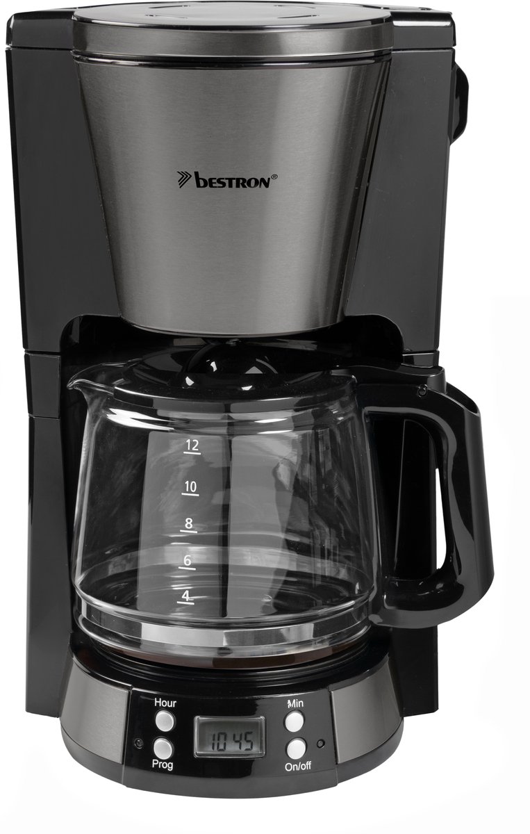 Bestron ACM800TG Koffiezetapparaat – 1,5L Glazen Kan – 1000W – Timerfunctie – 10‑12 Koppen – RVS Afwerking