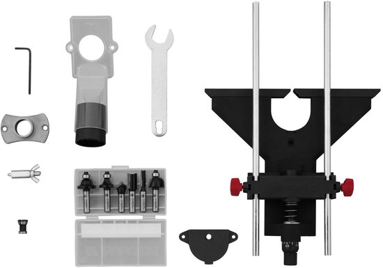 Set frezen en accessoires voor Parkside bovenfrees, inclusief frezen, sleutel, schroeven en geleider.