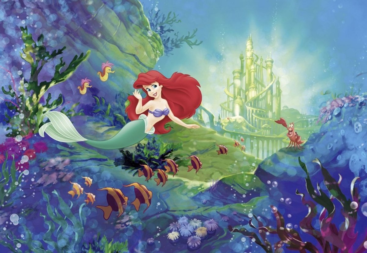 Fotobehang de kleine zeemeermin - Prinses Ariel - Disney behang - prinsessenkamer - kasteel - oceaan - vissen - koraal - sebastiaan - paars - blauw - fotowand - 368 x 254 cm Komar Disney 4