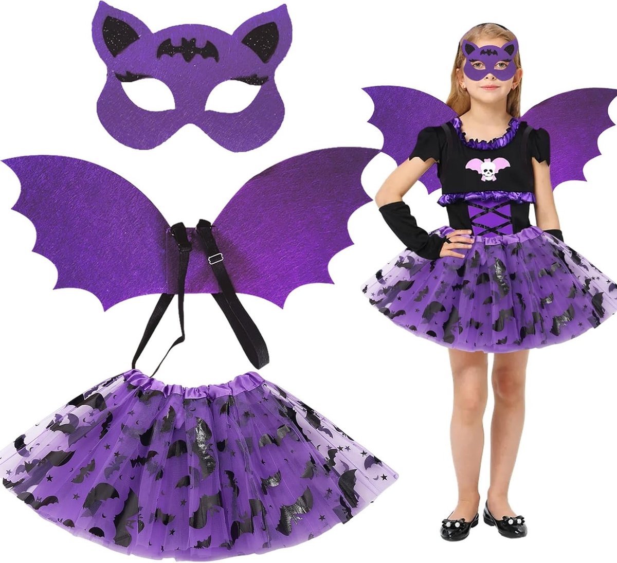 Halloween Kostuum voor Kinderen - 3-delig Vleermuis Kostuum met Accessoires voor Meisjes en Jongens, Perfect voor Feestjes en Carnavals vieringen