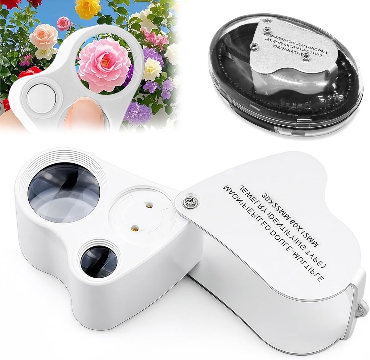 Vouwbare loep met 30X en 60X vergroting, LED-verlichting voor juwelen, munten en postzegels, ideaal voor identificatie en detectie