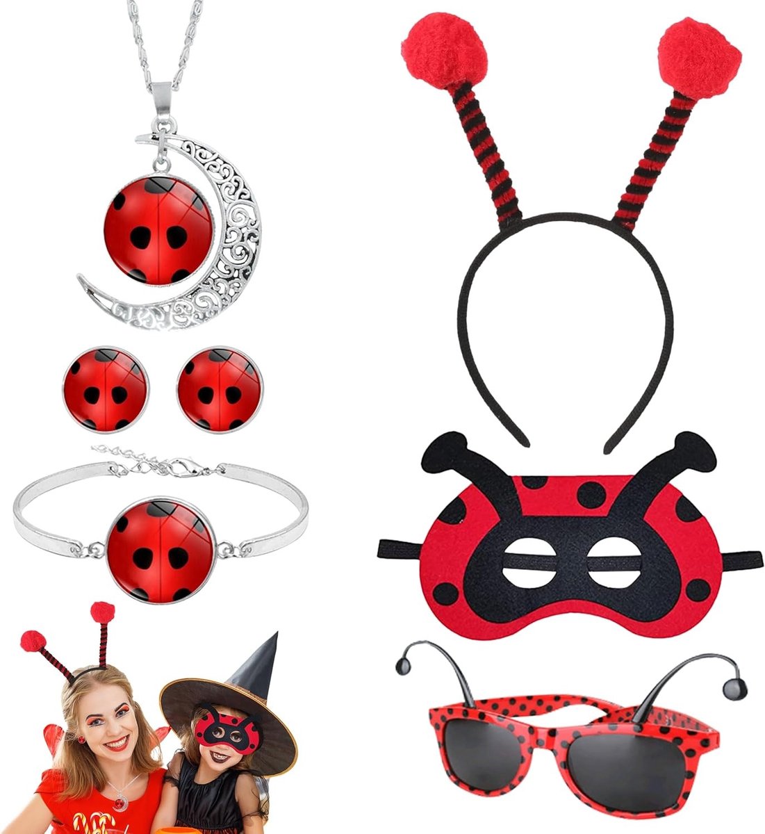 Dames Lieveheersbeestje Kostuum, 6-delige Set met Haarband, Bril, Ketting en Armband voor Carnaval en Feestjes