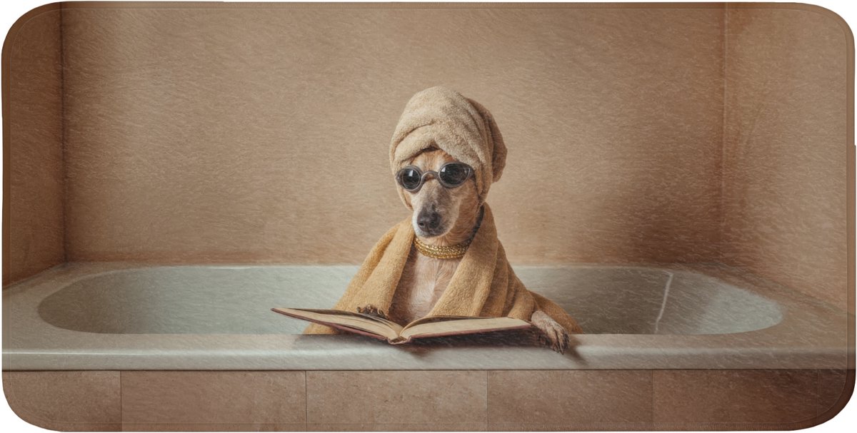 Badmat 120x60 cm - Antislip - Bad - Hond - Boek - Zonnebril - Badmatten voor badkamer - Badkamermat - Douchemat - Badkamer mat
