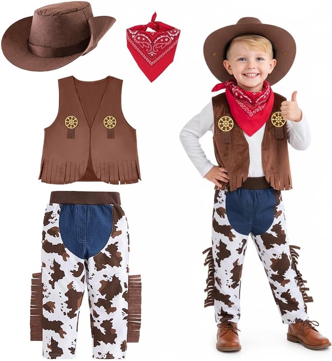Cowboy Kostuum voor Kinderen met Rode Bandana en Hoed, Perfect voor Verkleedpartijen en Feestdagen, Geschikt voor Jongens en Meisjes