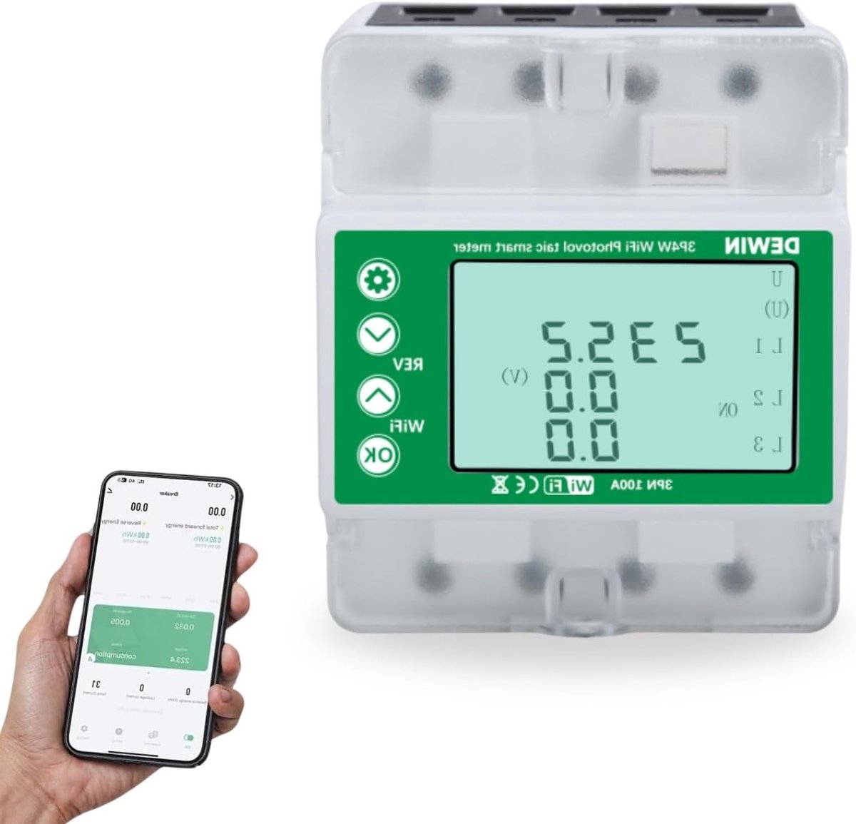 Driefasige energiemeter met wifi en opbrengstmonitoring voor 100 A tot 380 VAC