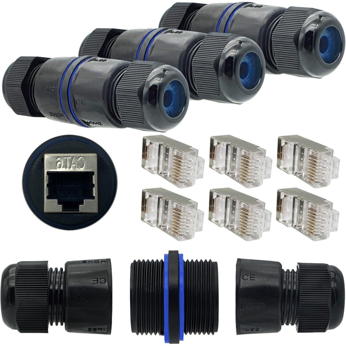 RJ45 Coupler 3 Pack - Buiten Ethernet Connectoren, Vrouwelijk naar Vrouwelijk, Inclusief 6 Crystal Heads en Afgeschermde Netwerkversterker voor CAT.6E/CAT.6/CAT.5E/CAT.5, Ideaal voor Thuis en Kantoorgebruik
